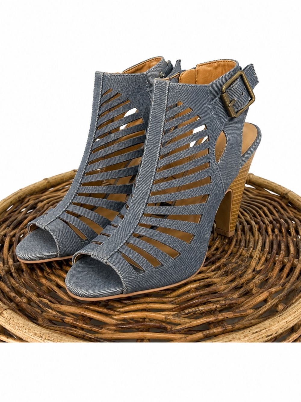 Women’s Grey Denim Cutout Peep-Toe Heels with Buckle